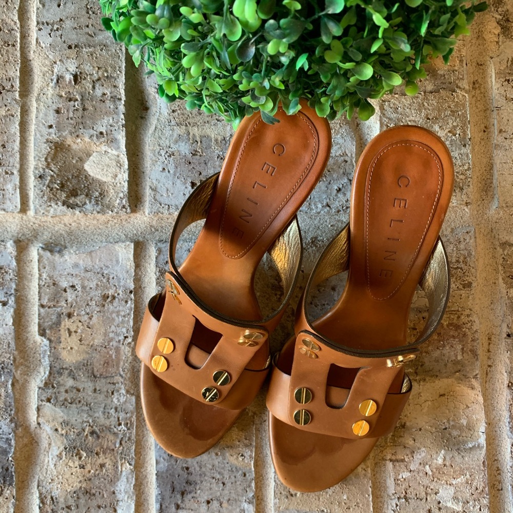 CELINE cognac brown leather mule sandals 6B